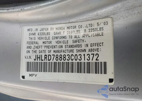 2003 Honda Cr-V Ex from USA, damaged, VIN JHLRD78883C031372